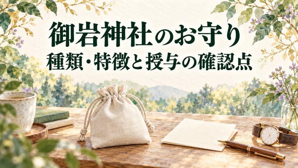 御岩神社のお守りの種類・特徴と授与の確認点を案内するAIイラスト