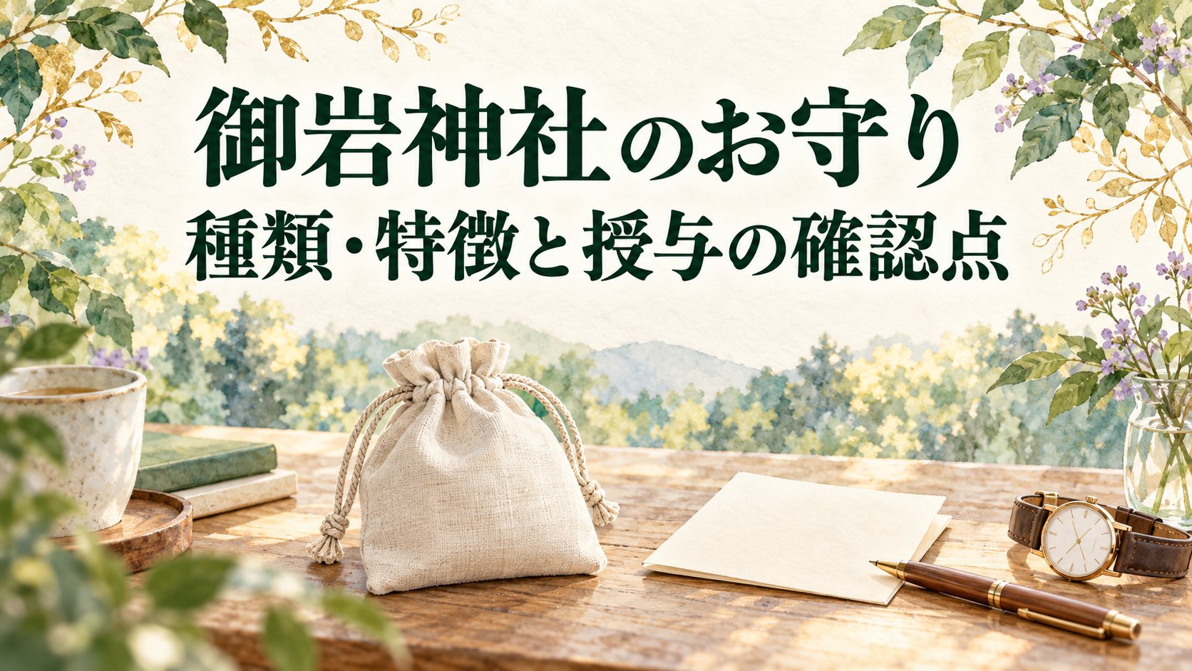 御岩神社のお守りの種類・特徴と授与の確認点を案内するAIイラスト