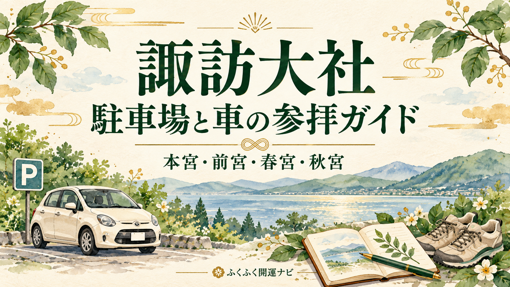 車とPマーク、湖を望む架空の風景、ノートと靴を描いた諏訪大社の駐車場ガイドのイラスト