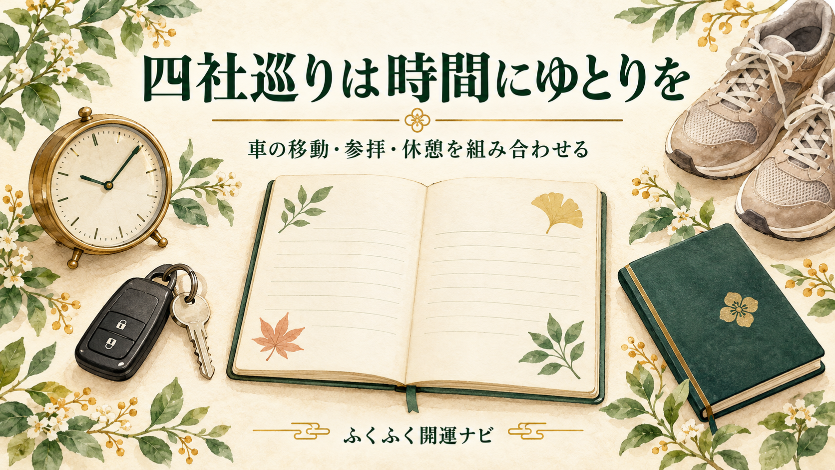 時計、車の鍵、ノート、御朱印帳と歩きやすい靴を並べ、四社巡りの時間計画を促すイラスト