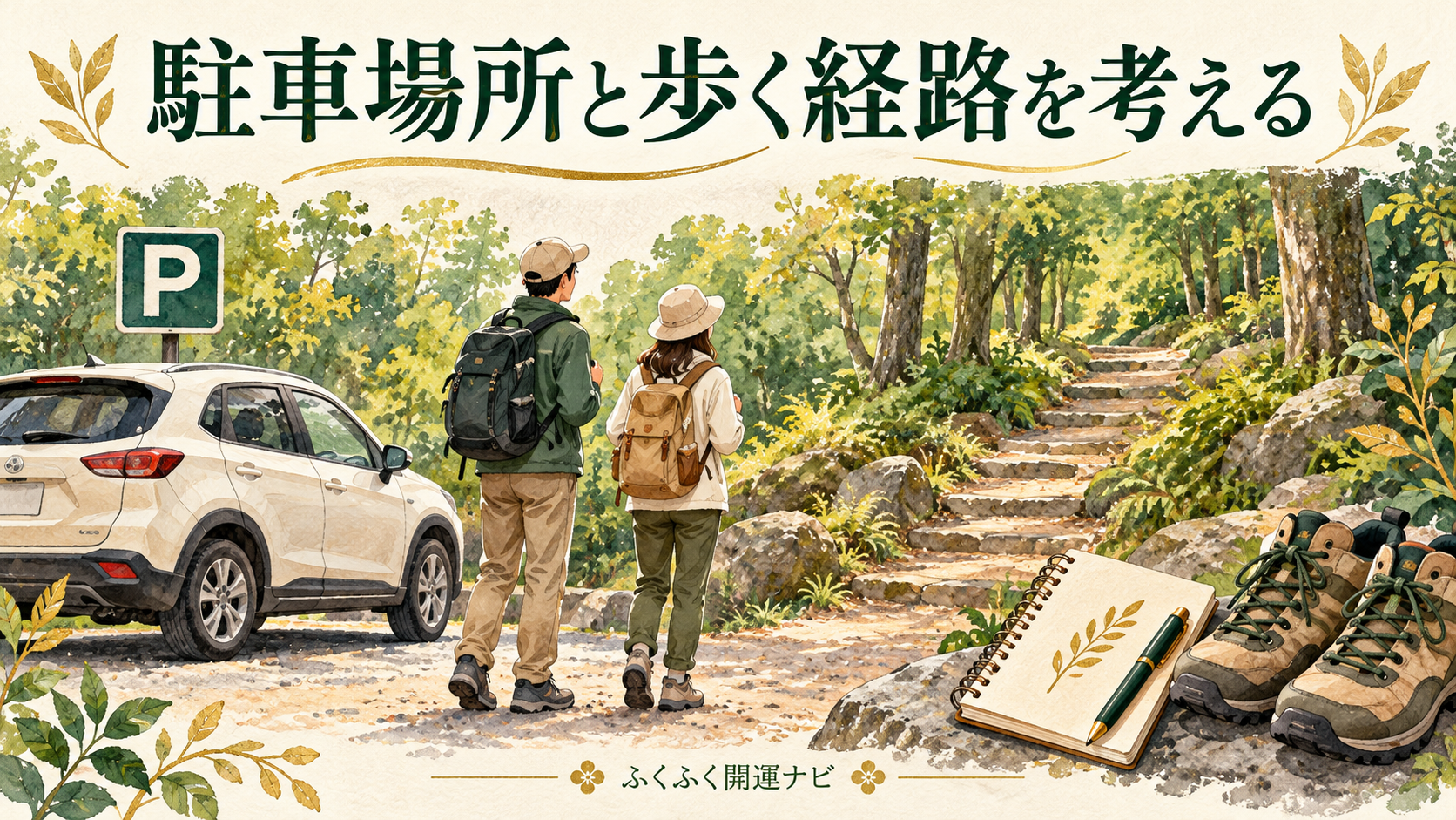 車とPマーク、架空の森の上り道を歩く二人、ノートと靴を描いた参拝準備のイラスト