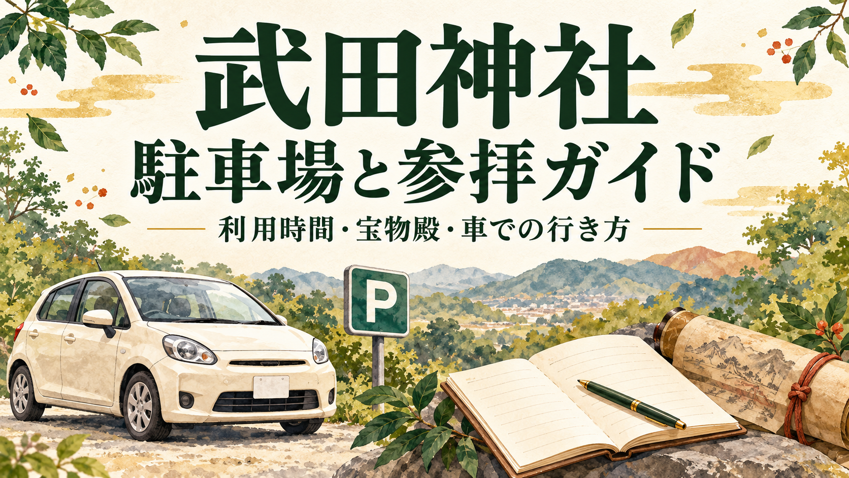 武田神社の駐車場と参拝ガイドの文字と、車・駐車場のマーク・ノート・巻物を描いたイラスト