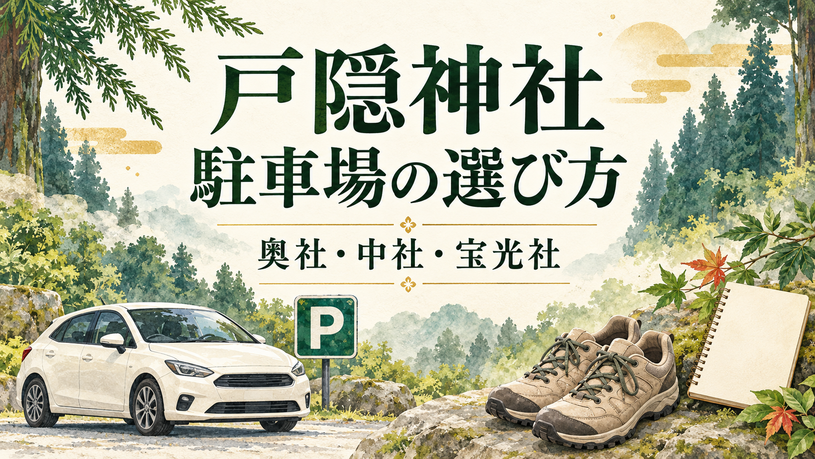 戸隠神社の駐車場の選び方の文字と、車・駐車場のマーク・歩きやすい靴・ノートを描いたイラスト