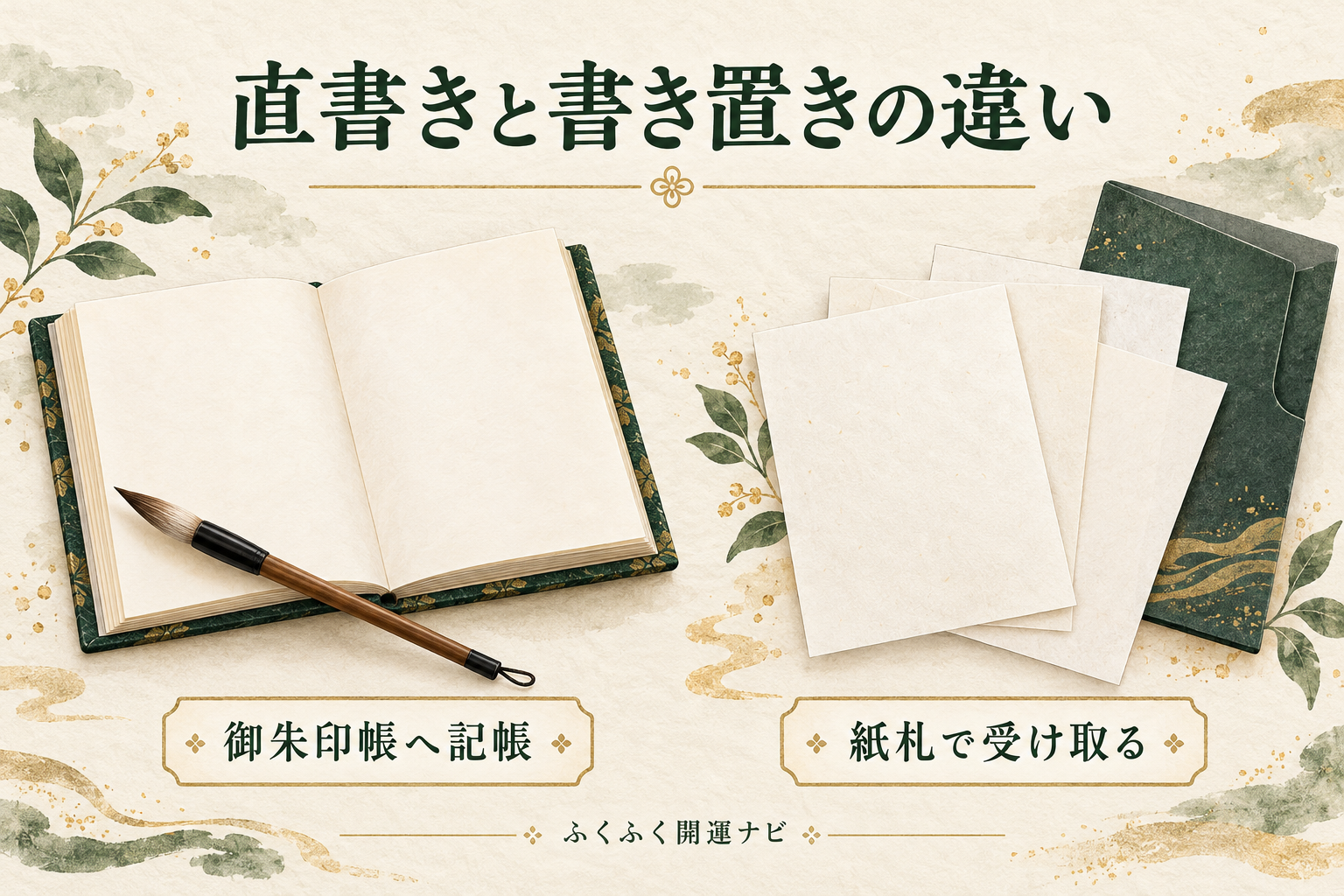 直書きは御朱印帳へ記帳、書き置きは紙札で受け取る違いを無地の帳面と和紙で示すイラスト