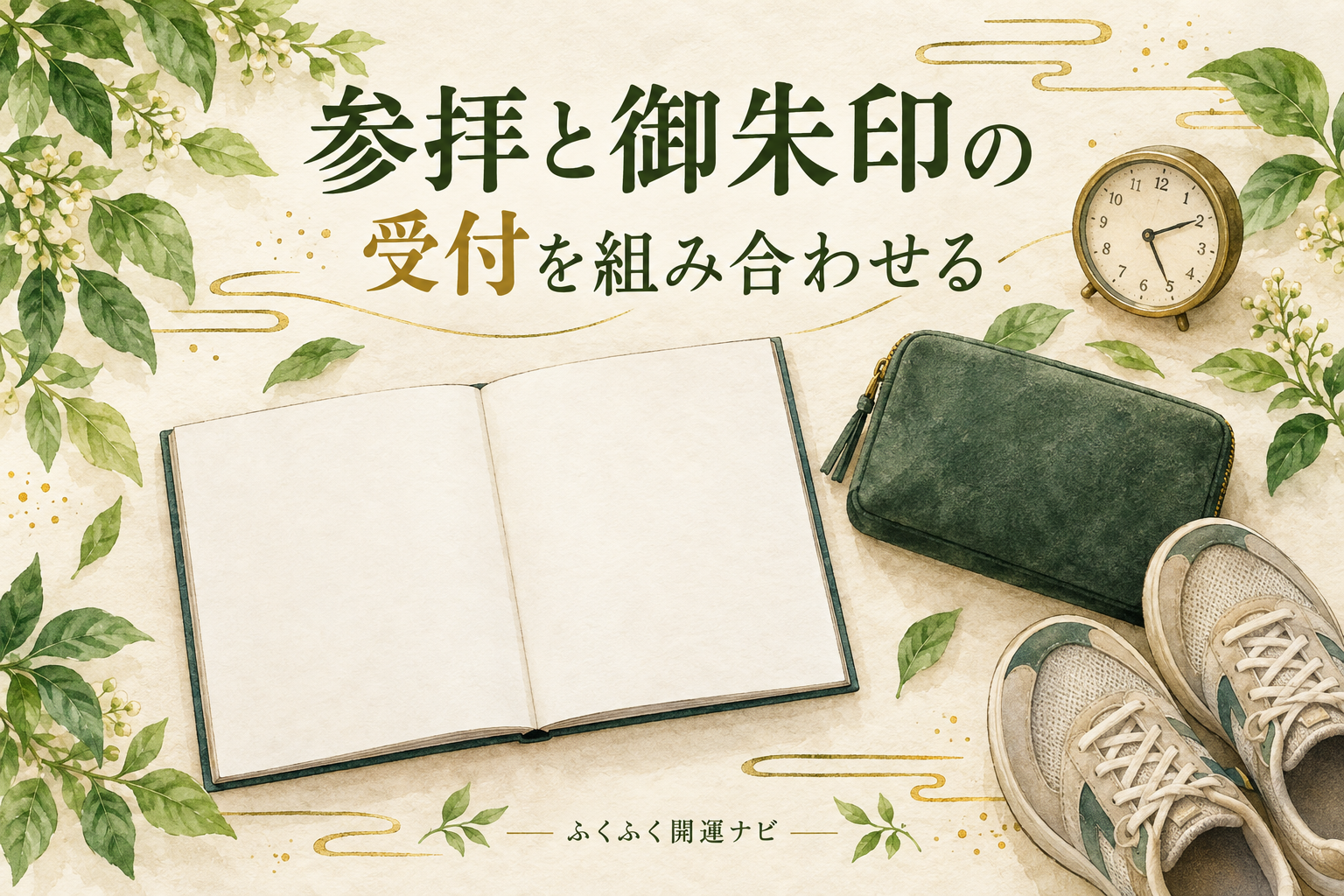 無地の御朱印帳、時計、持ち物と歩きやすい靴を並べた受付準備のイラスト