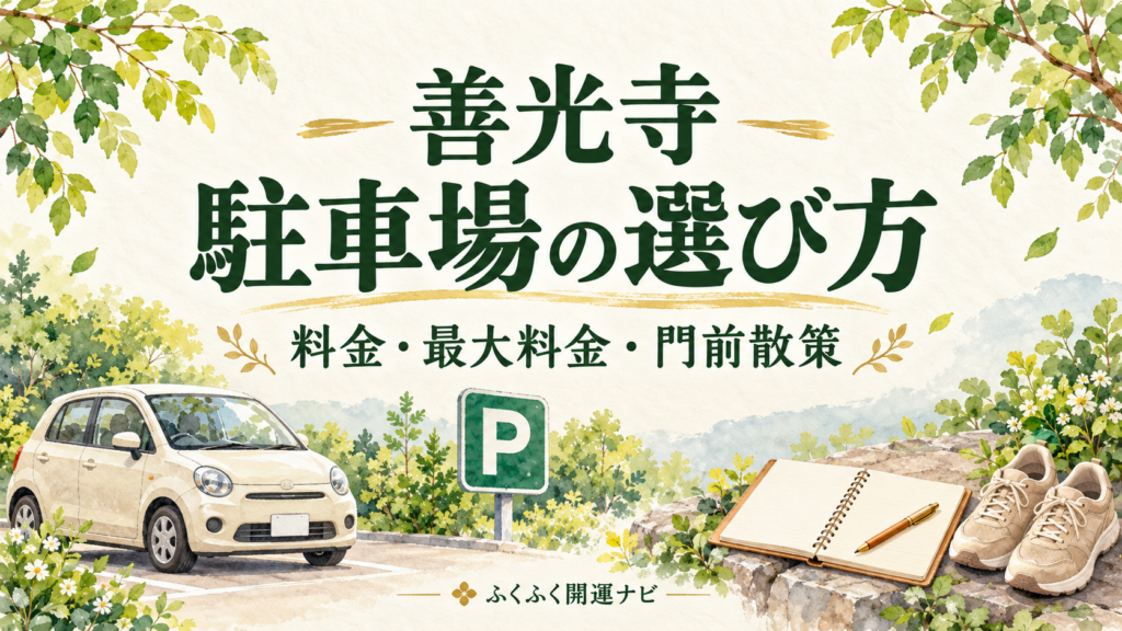 車と駐車場のPマーク、散策用の靴を描いた善光寺の駐車場選びの案内イラスト