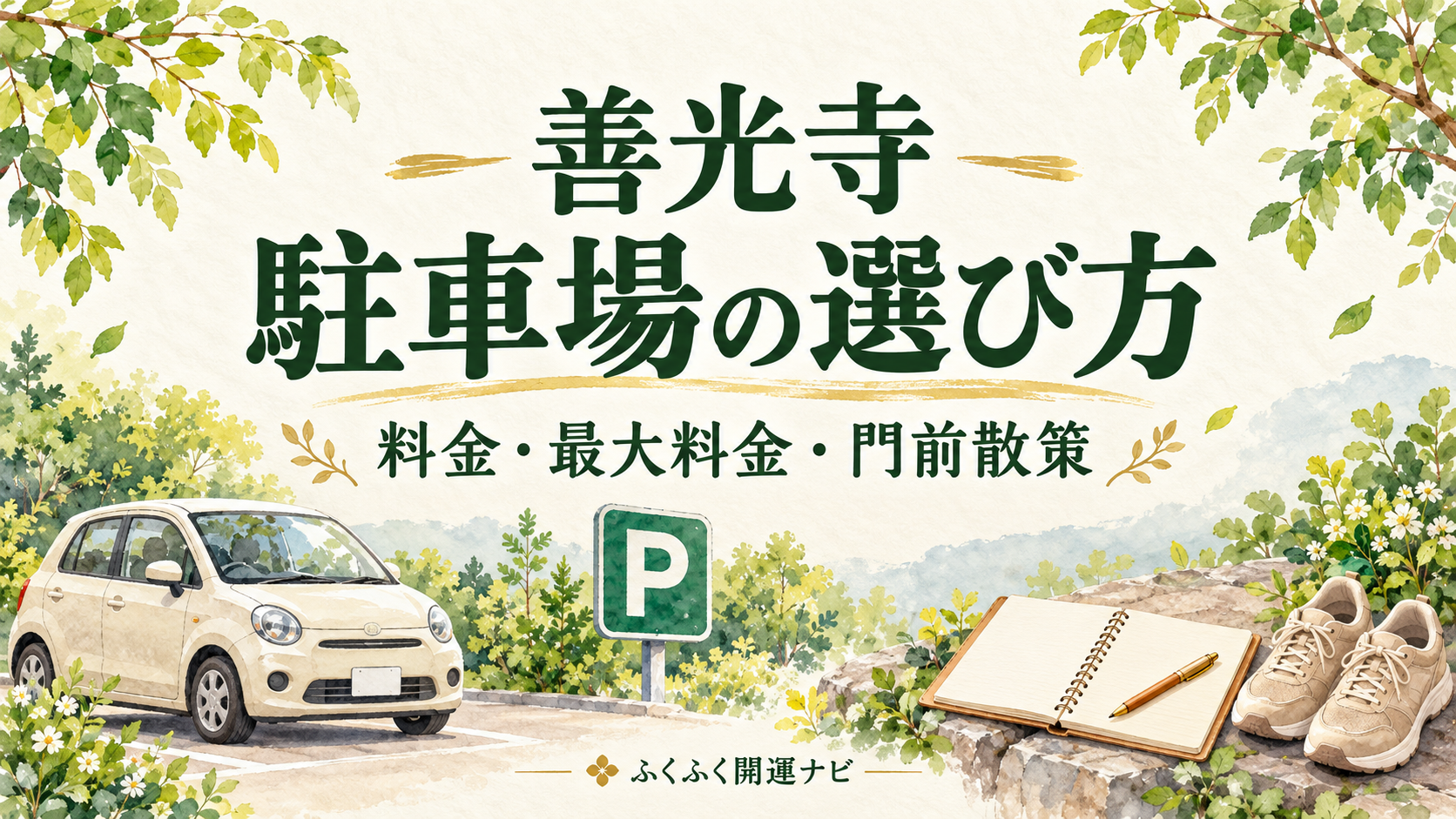 車と駐車場のPマーク、散策用の靴を描いた善光寺の駐車場選びの案内イラスト